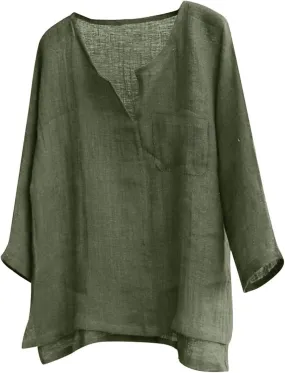 Men's Linen Shirts Long Sleeve Pocket Roll Up Collar Quick-Dry Loose Fit Solid Classic Cool Stylish Lightweight Shirt