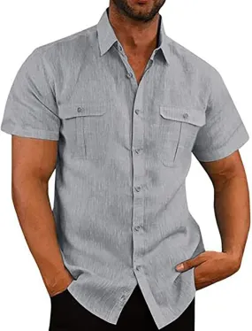 Mens Linen Shirts Short Sleeve Button Down Casual Fishing Shirt Business Dress Clothing Cuban Camp Shirts Summer Tops