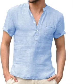 Men's Linen Shirts V Neck Button Short Sleeve Henley Shirt Vintage Wash Cotton Lightweight Loose Summer Beach Tees