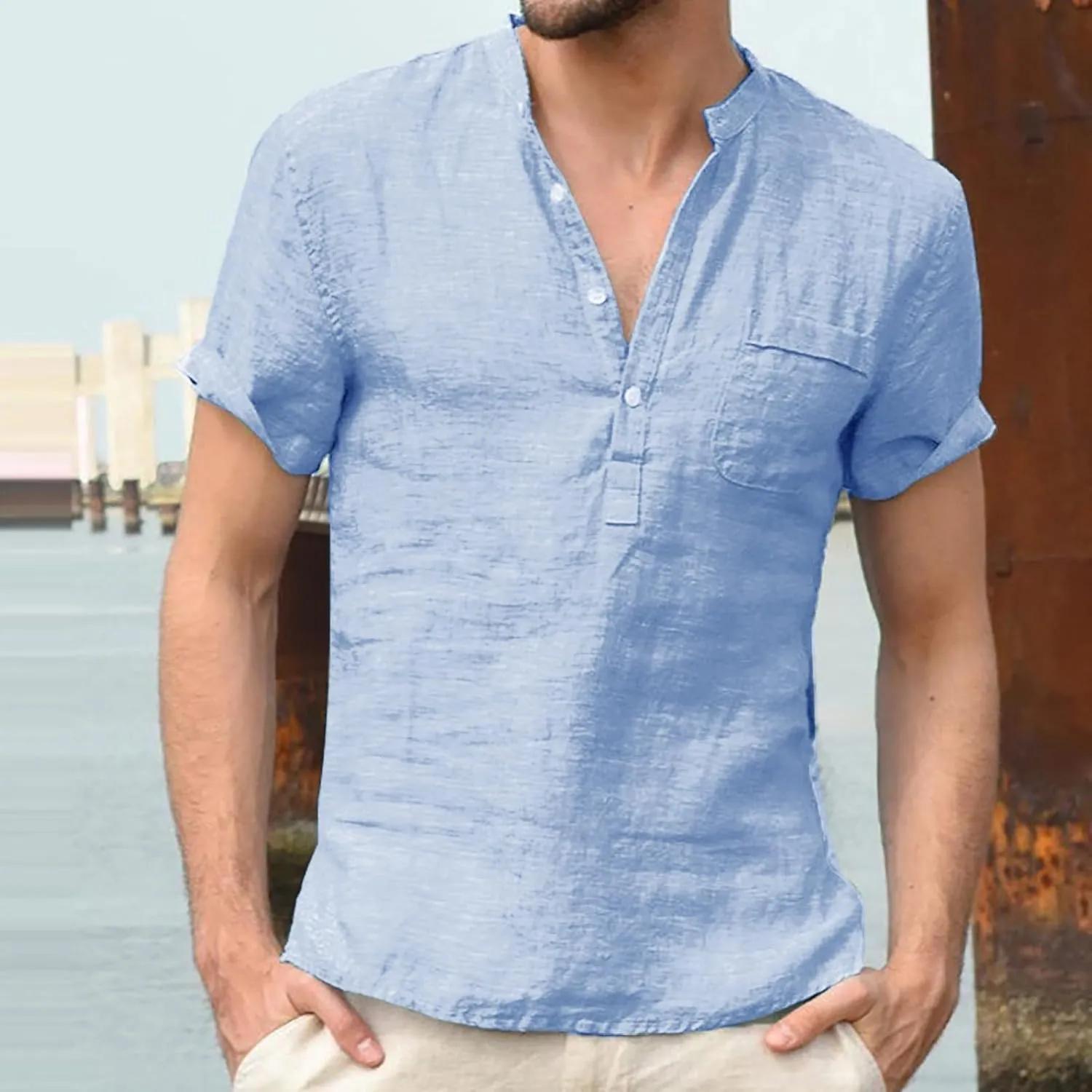 Men's Linen Shirts V Neck Button Short Sleeve Henley Shirt Vintage Wash Cotton Lightweight Loose Summer Beach Tees