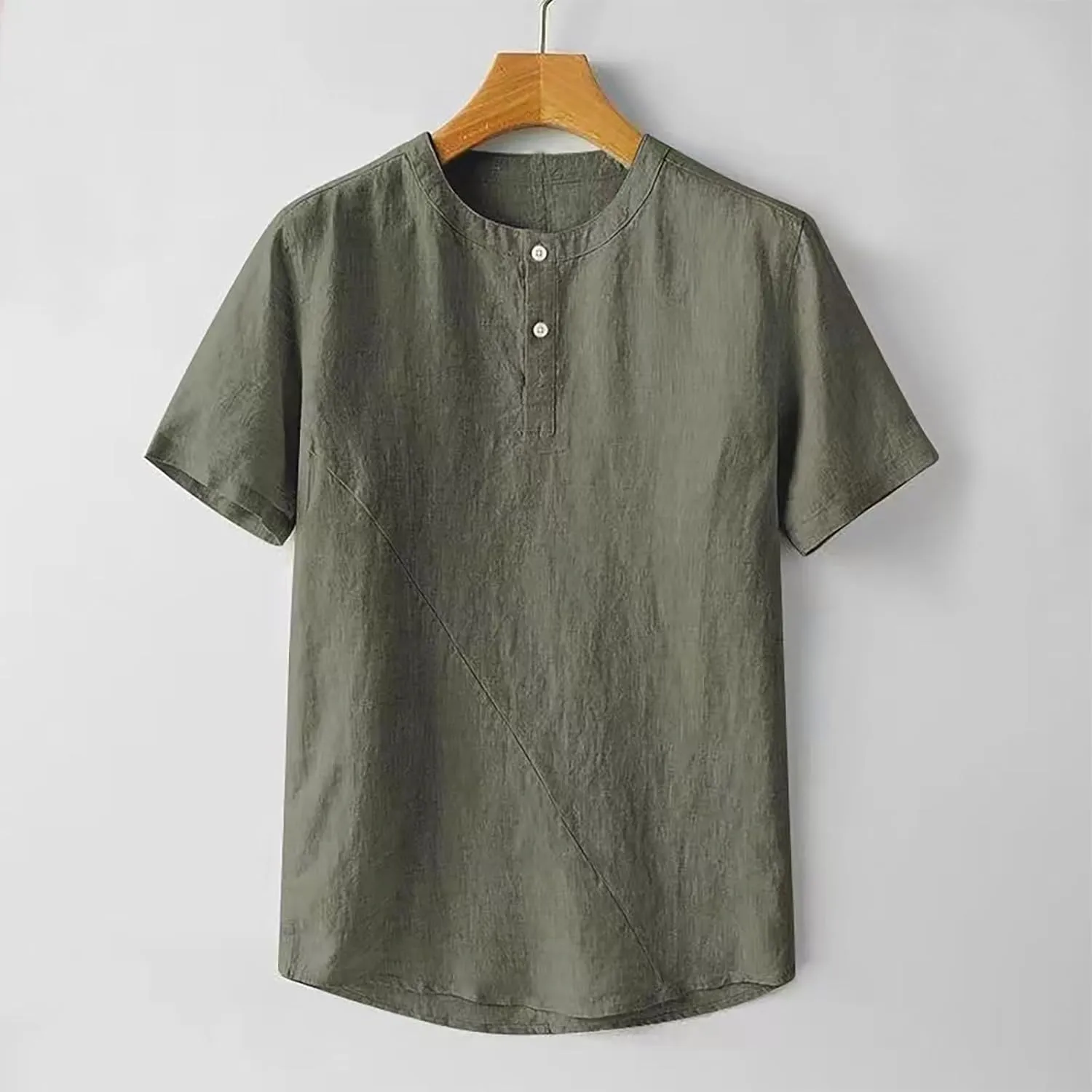 Mens Loose Cotton Linen T-Shirts Casual Solid Button Round Neck Henley Tops Summer Lightweight Short Sleeve Tees
