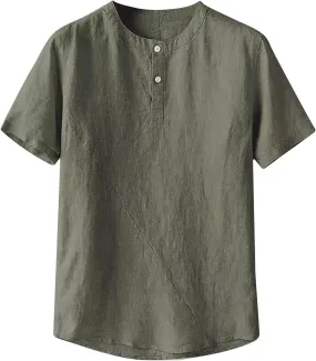 Mens Loose Cotton Linen T-Shirts Casual Solid Button Round Neck Henley Tops Summer Lightweight Short Sleeve Tees