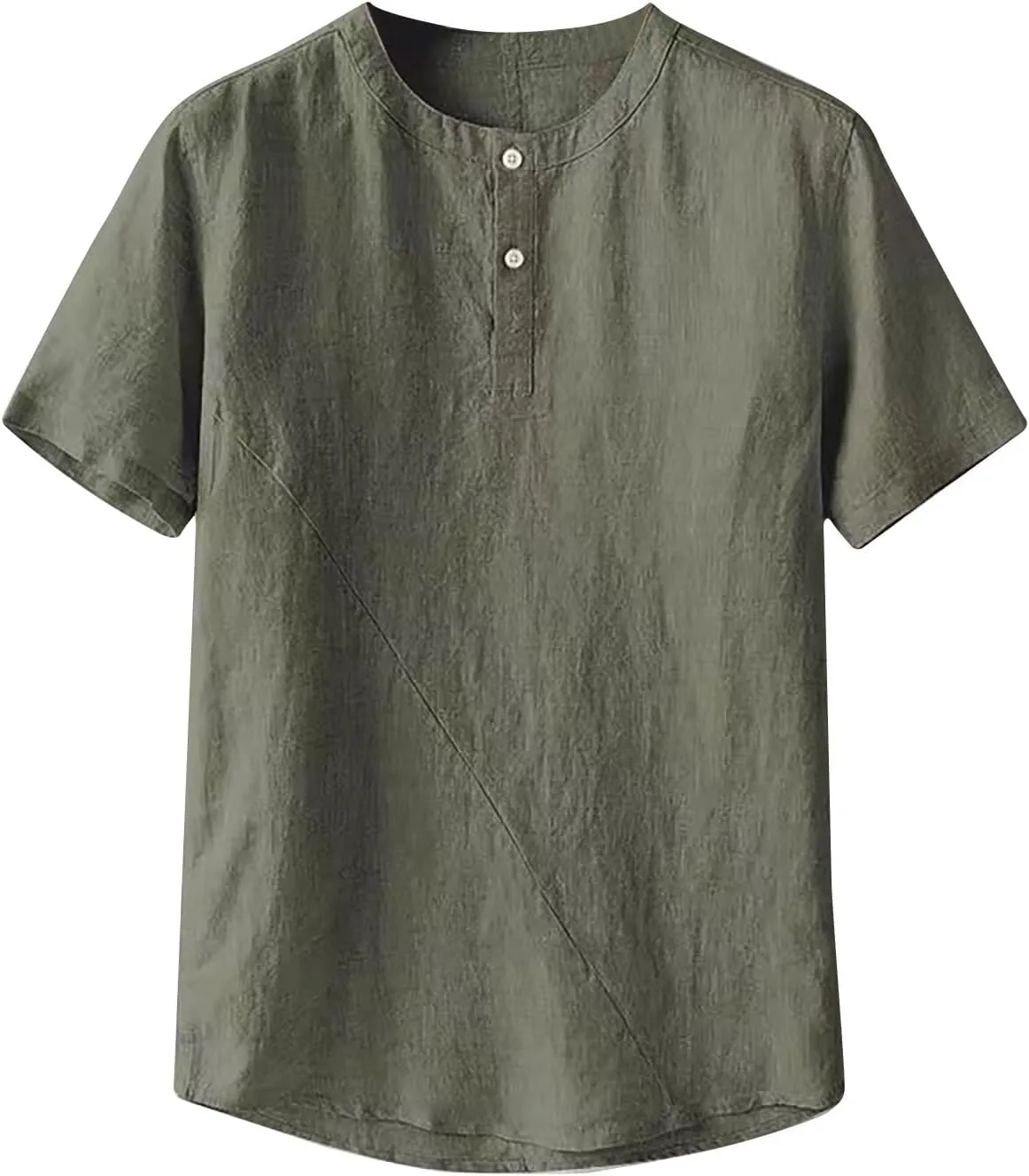 Mens Loose Cotton Linen T-Shirts Casual Solid Button Round Neck Henley Tops Summer Lightweight Short Sleeve Tees