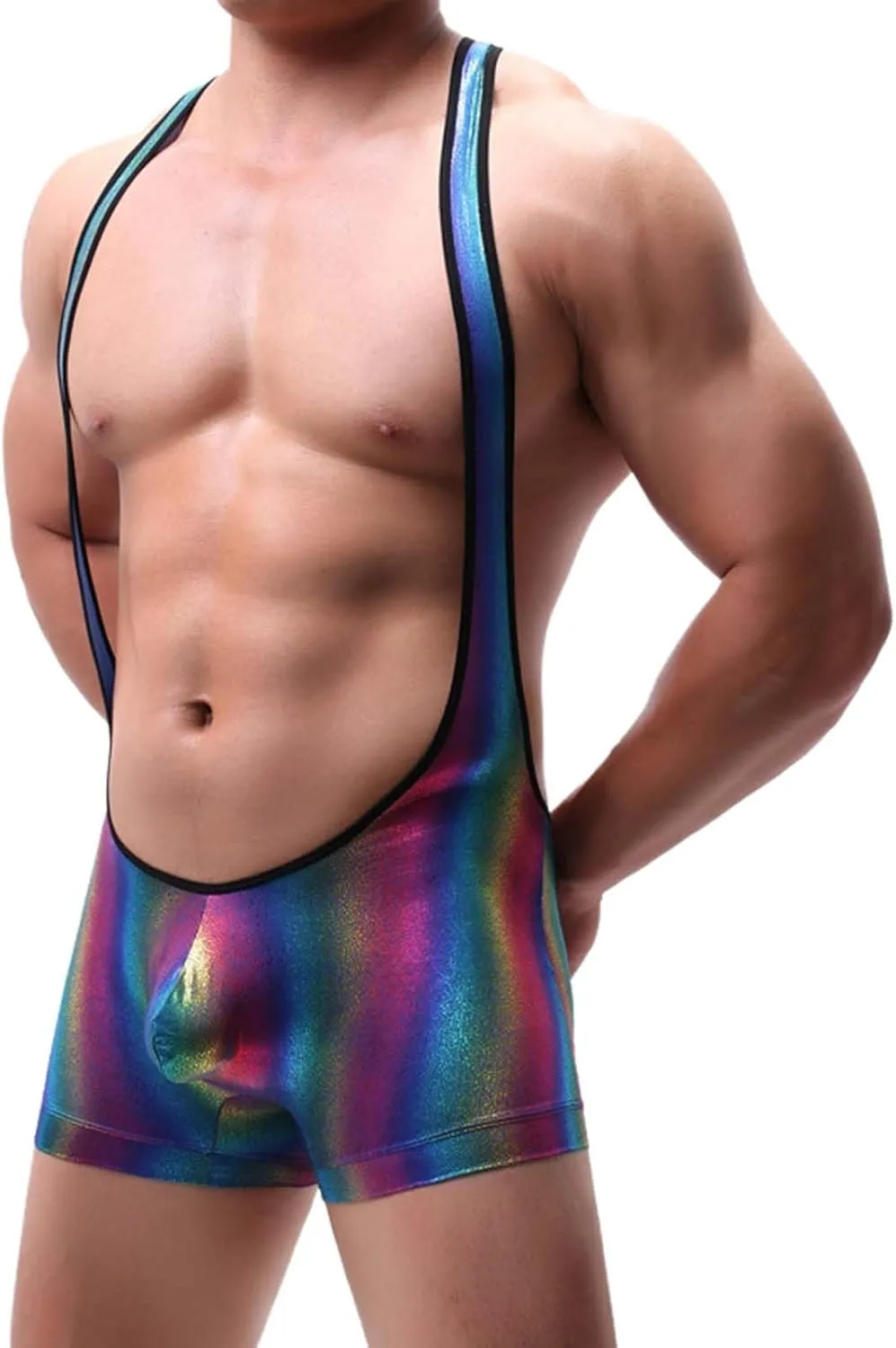 Men's Mankini Bodysuit Singlet Leotard Racerback Shiny Leather Boxer Briefs Wrestling Jumpsuit Wet Pant Underwear