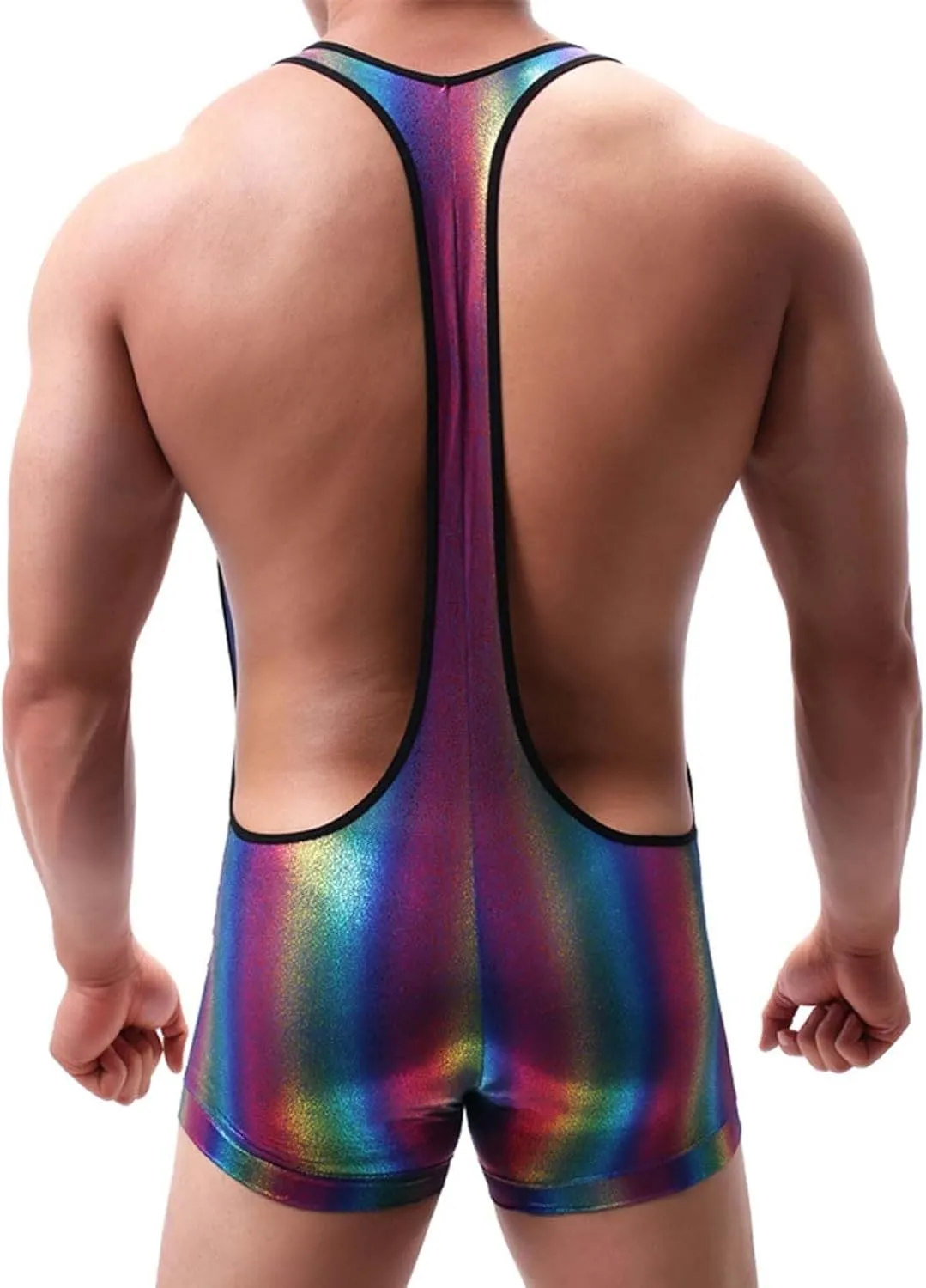 Men's Mankini Bodysuit Singlet Leotard Racerback Shiny Leather Boxer Briefs Wrestling Jumpsuit Wet Pant Underwear