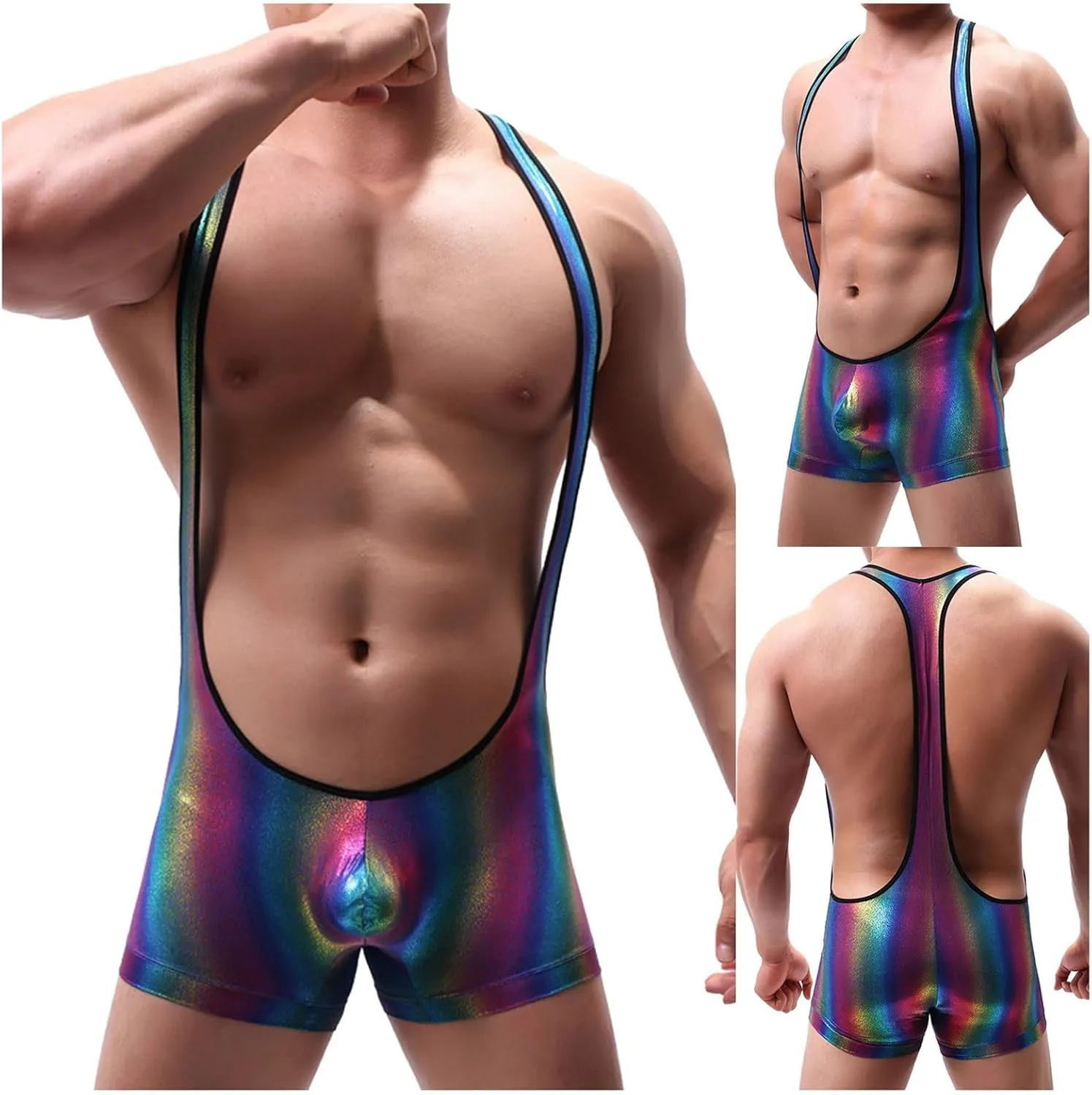 Men's Mankini Bodysuit Singlet Leotard Racerback Shiny Leather Boxer Briefs Wrestling Jumpsuit Wet Pant Underwear