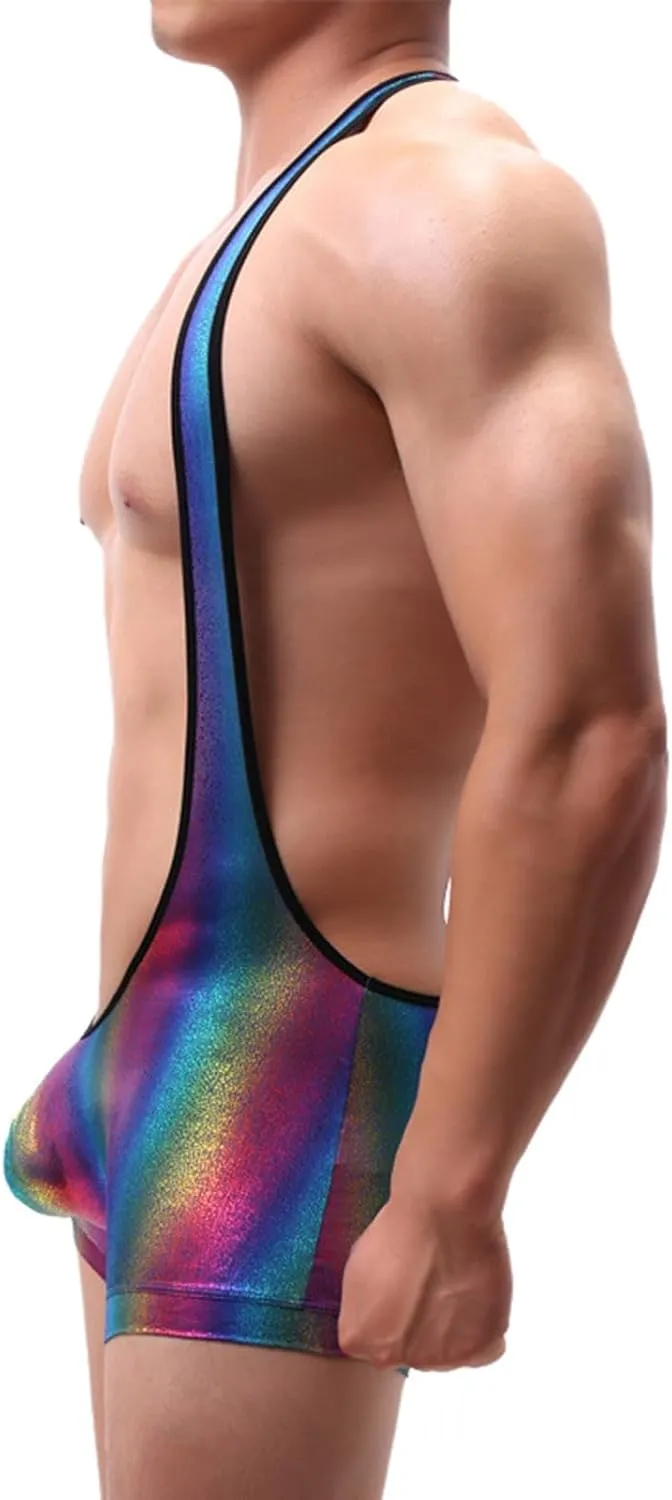Men's Mankini Bodysuit Singlet Leotard Racerback Shiny Leather Boxer Briefs Wrestling Jumpsuit Wet Pant Underwear