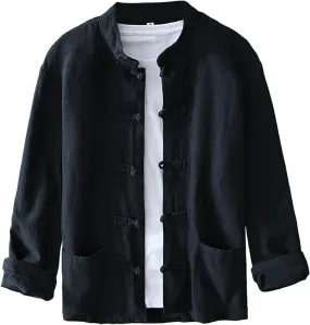 Men's Shirt Tang Suit Shirt Long Sleeve Traditional Kung Fu Uniform Chinese Frog Buttons Lightweight Jacket Summer