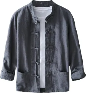 Men's Shirt Tang Suit Shirt Long Sleeve Traditional Kung Fu Uniform Chinese Frog Buttons Lightweight Jacket Summer