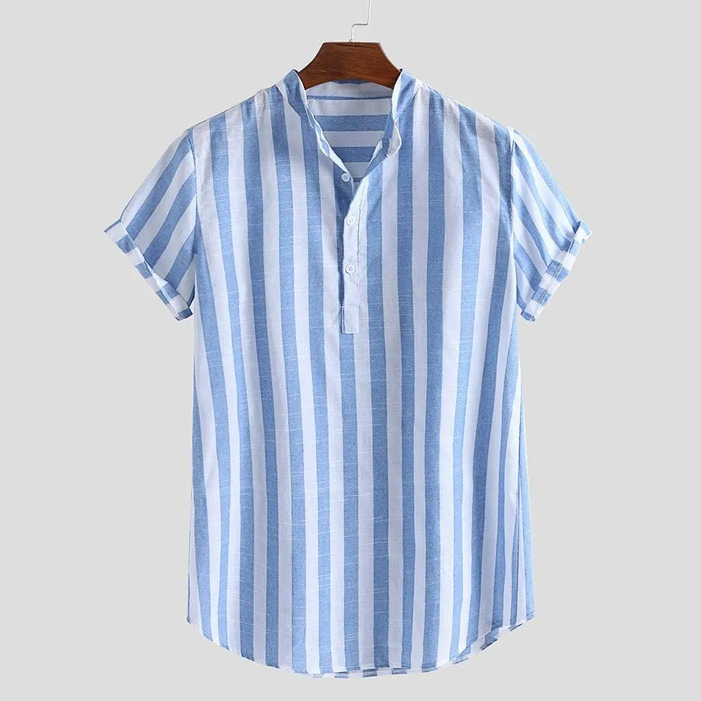 Mens Shirts Casual Men's Cotton Linen Henley Shirt Short Sleeve Button up V Neck Hippie Casual Beach T Shirt Blouses