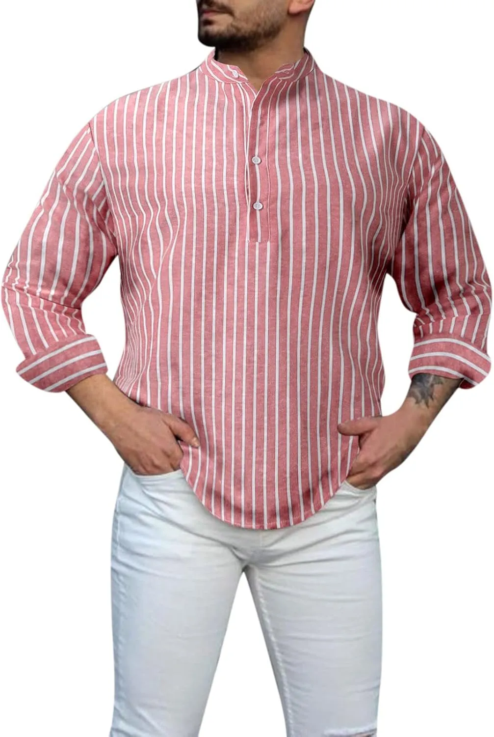 Mens Shirts Casual Mens Henley Shirt Casual T Shirt Pullover Tees Lightweight Curved Hem Striped Summer Beach Tops