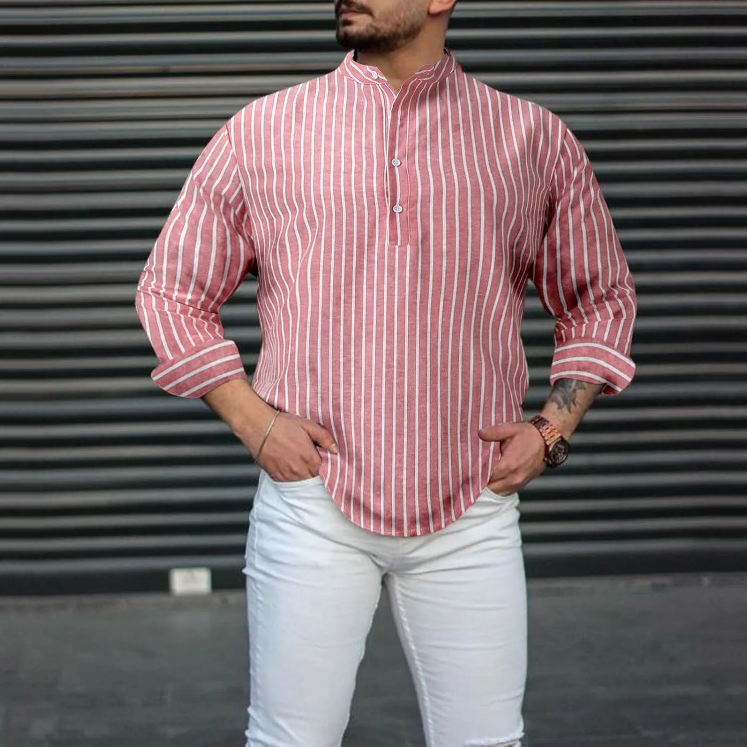 Mens Shirts Casual Mens Henley Shirt Casual T Shirt Pullover Tees Lightweight Curved Hem Striped Summer Beach Tops