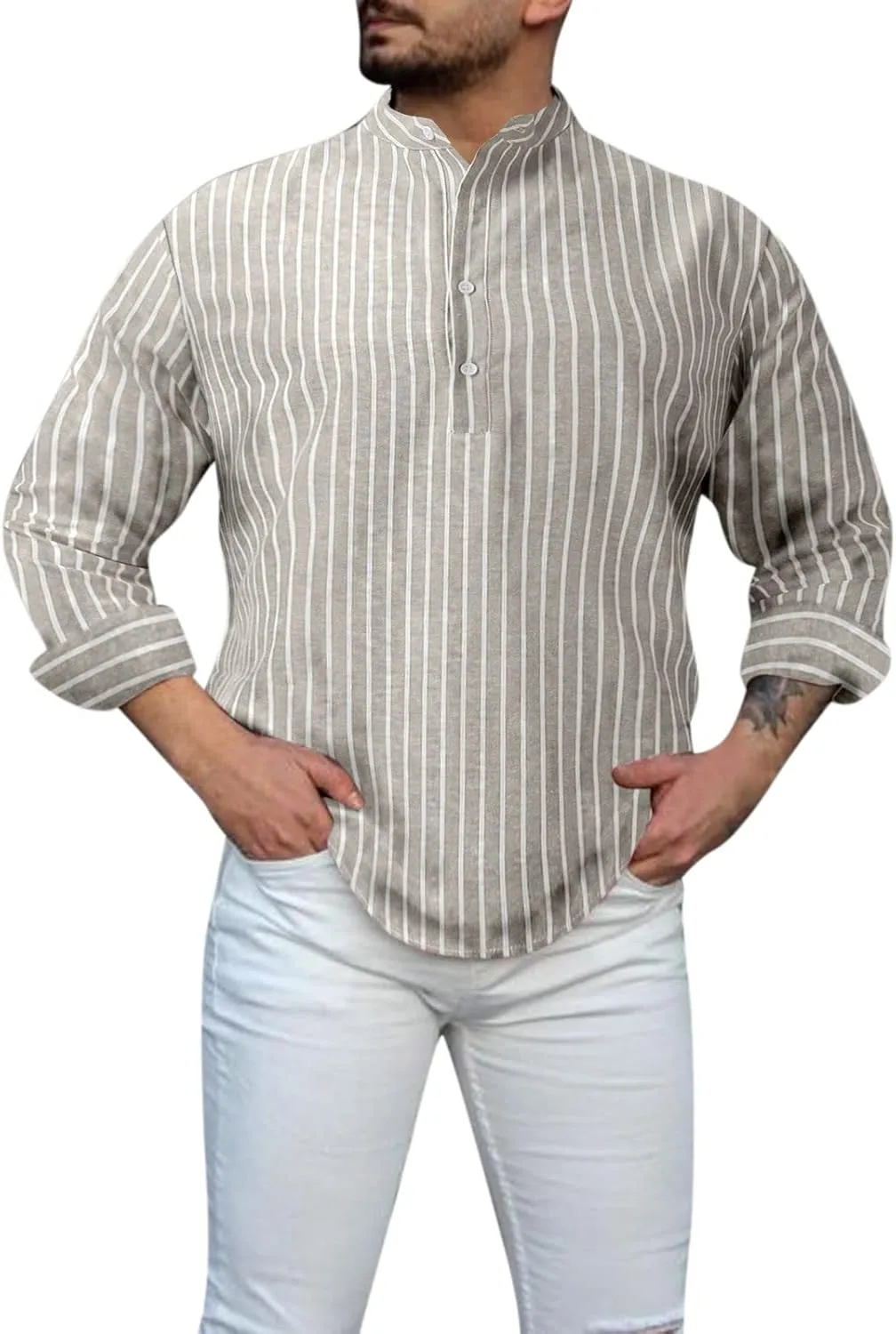 Mens Shirts Casual Mens Henley Shirt Casual T Shirt Pullover Tees Lightweight Curved Hem Striped Summer Beach Tops