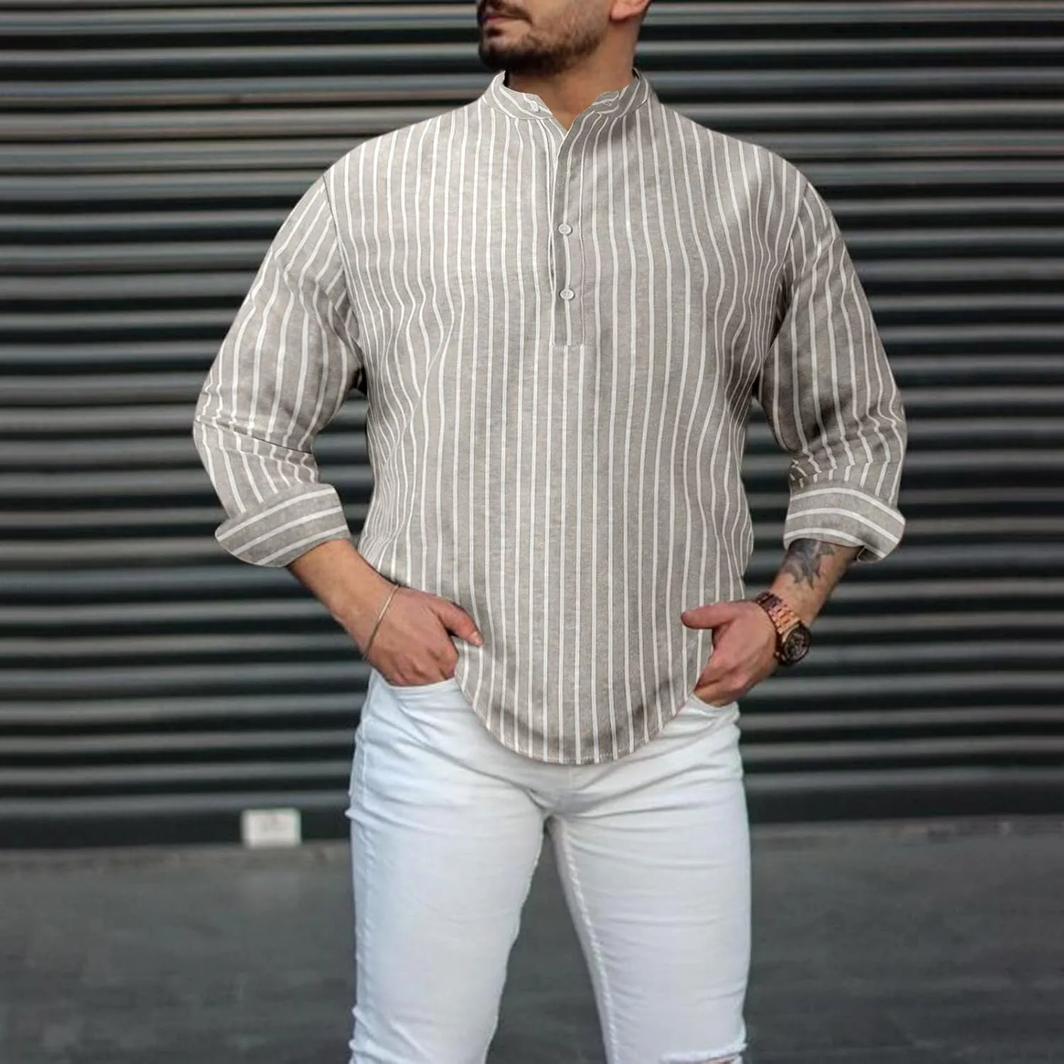 Mens Shirts Casual Mens Henley Shirt Casual T Shirt Pullover Tees Lightweight Curved Hem Striped Summer Beach Tops