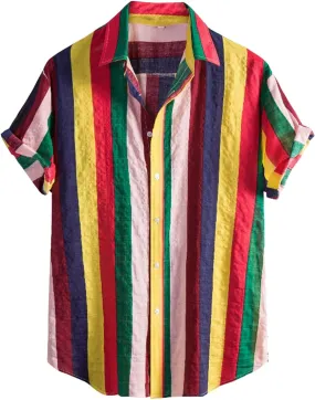 Mens Shirts Casual Men's Summer Hawaiian Shirts Short Sleeve Casual Button Down Striped Holiday Beach Shirts Tops
