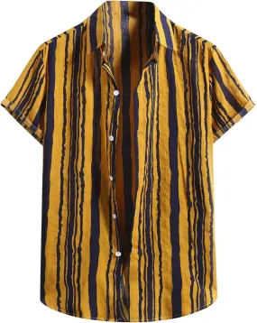 Mens Shirts Casual Men's Summer Short Sleeve Button Down Cotton Linen Striped Hawaiian Casual Holiday Aloha Shirt