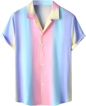 Mens Shirts Casual Men's Summer Short Sleeve V Neck Button up Casual Henley Striped Gradient Holiday Beach Shirts