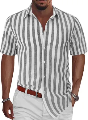 Mens Short Sleeve Button Up Dress Shirt Striped Linen Blend for Beach, Casual & Summer