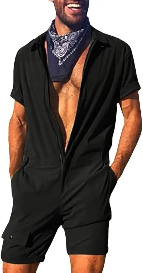 Mens Short Sleeve Onesie Henley Jumpsuit Pajamas Stretchy One Piece Garment Casual Zipper Bodysuit with Pockets