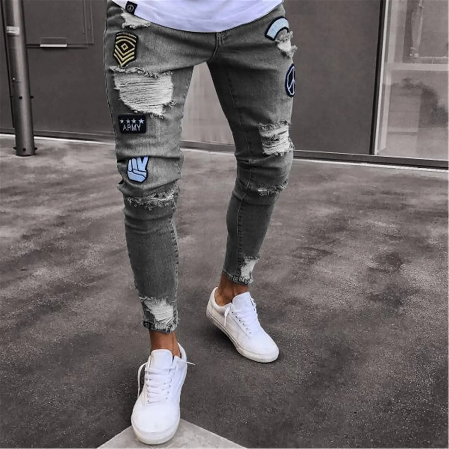 Men's Slim fit Skinny Jeans Ripped Tapered Biker Jeans Pants Distressed Destroyed Ripped Holes Denim Pants
