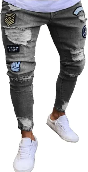 Men's Slim fit Skinny Jeans Ripped Tapered Biker Jeans Pants Distressed Destroyed Ripped Holes Denim Pants
