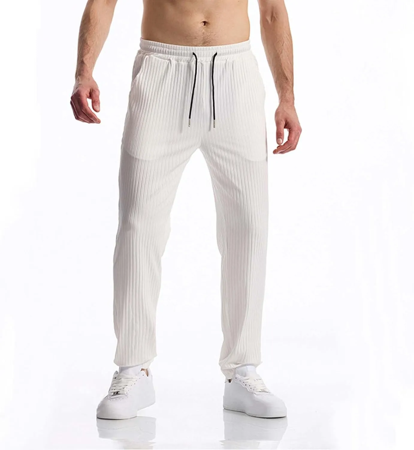 Men's Solid Color Breathable Athletic Gym Workout Lounge Open Bottom Sweatpants with Pockets Summer Versatile Trouser