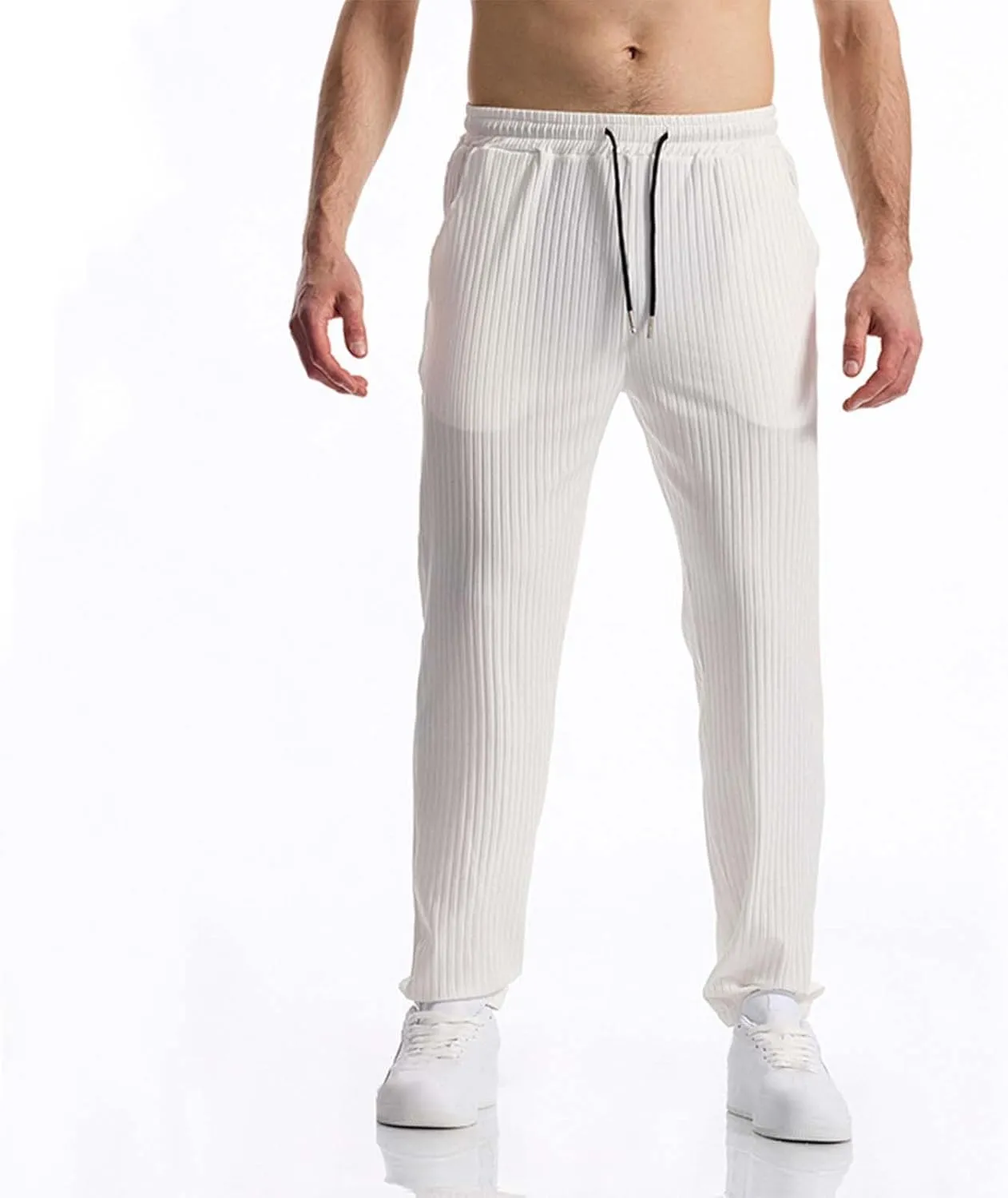 Men's Solid Color Breathable Athletic Gym Workout Lounge Open Bottom Sweatpants with Pockets Summer Versatile Trouser