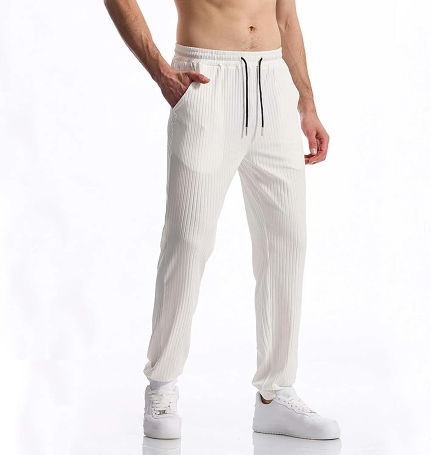 Men's Solid Color Breathable Athletic Gym Workout Lounge Open Bottom Sweatpants with Pockets Summer Versatile Trouser