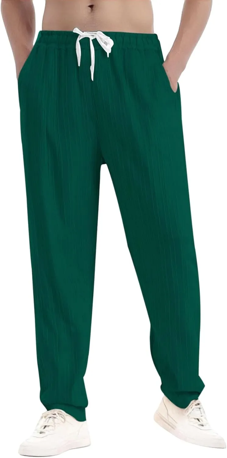 Mens Solid Color Summer Baggy Pants Drawstring Casual Pants Lightweight Stretch Beach Pant Baggy Dress Trousers