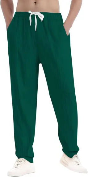 Mens Solid Color Summer Baggy Pants Drawstring Casual Pants Lightweight Stretch Beach Pant Baggy Dress Trousers