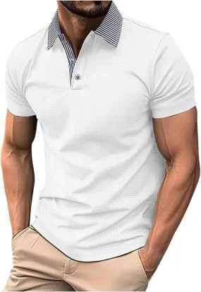Mens Striped Golf Shirts Patchwork Button Collared Jacquard Dress Tee Shirt,Short Sleeve Mesh Tshirts,Business Casual