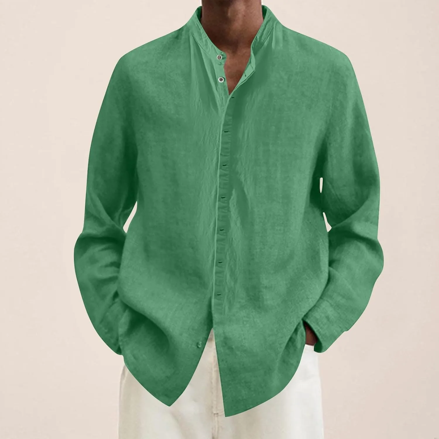 Mens Summer Cotton Linen Solid Casual Shirts Plus Size Loose Fit Turn Down Collar Long Sleeve Work Dress Shirt