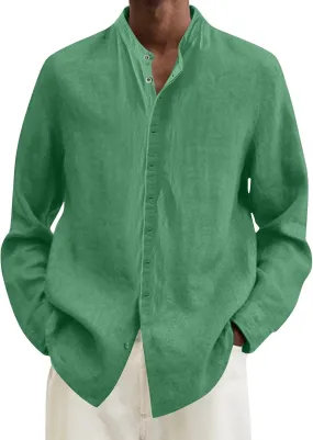 Mens Summer Cotton Linen Solid Casual Shirts Plus Size Loose Fit Turn Down Collar Long Sleeve Work Dress Shirt