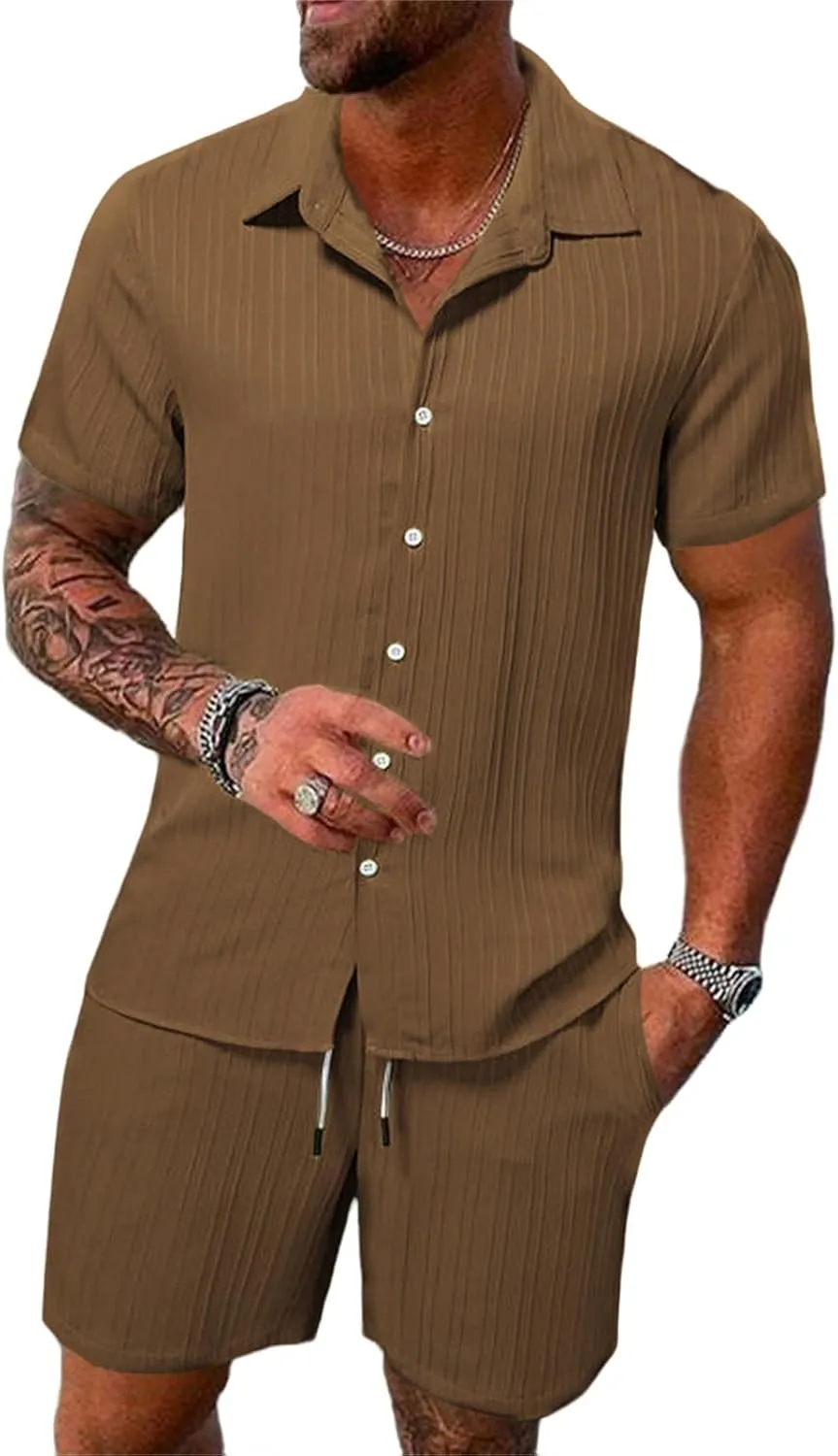Mens Track Suits 2 Piece Outfits Summer Short Sleeve Casual Button Down Cuban Shirts and Shorts Set Beach Tracksuits