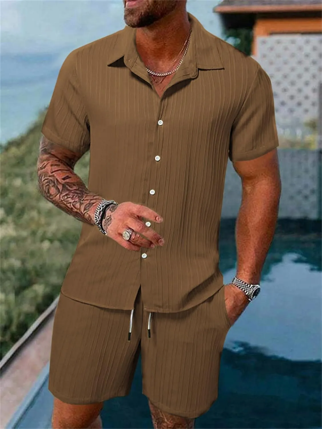 Mens Track Suits 2 Piece Outfits Summer Short Sleeve Casual Button Down Cuban Shirts and Shorts Set Beach Tracksuits