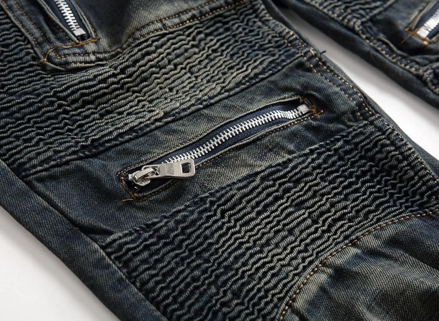 Mens Vintage Biker Jeans Pants Pleated Retro Motorcycle Denim Trousers High Street Zipper Jeans Vintage Blue