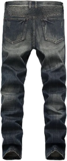 Mens Vintage Biker Jeans Pants Pleated Retro Motorcycle Denim Trousers High Street Zipper Jeans Vintage Blue