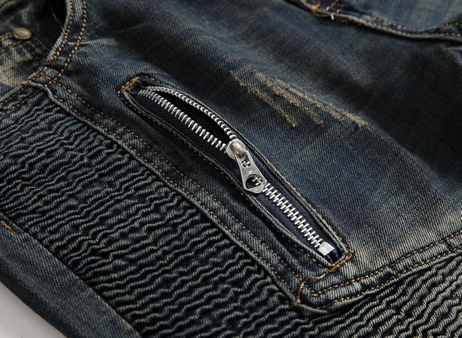 Mens Vintage Biker Jeans Pants Pleated Retro Motorcycle Denim Trousers High Street Zipper Jeans Vintage Blue