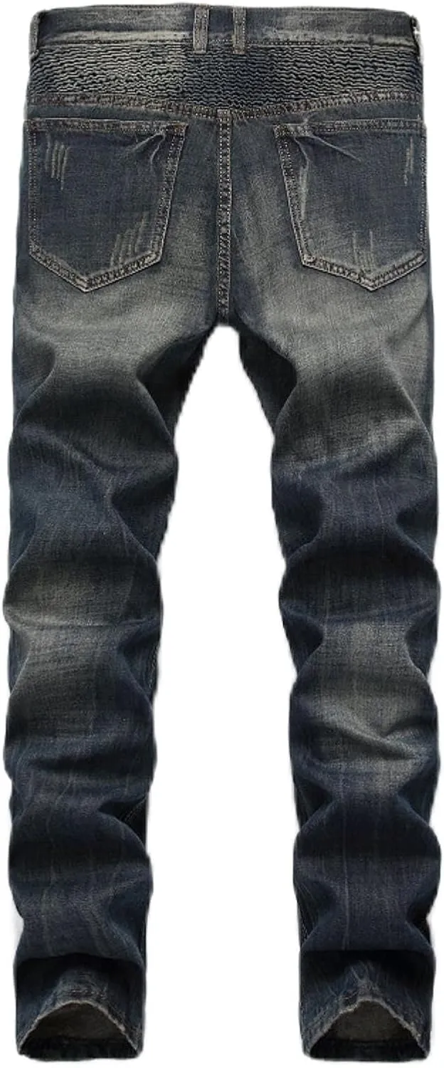 Mens Vintage Biker Jeans Pants Pleated Retro Motorcycle Denim Trousers High Street Zipper Jeans Vintage Blue