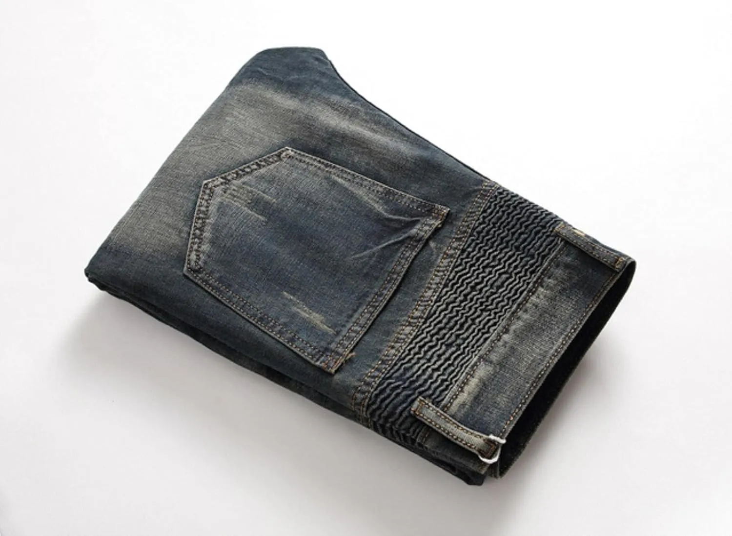 Mens Vintage Biker Jeans Pants Pleated Retro Motorcycle Denim Trousers High Street Zipper Jeans Vintage Blue