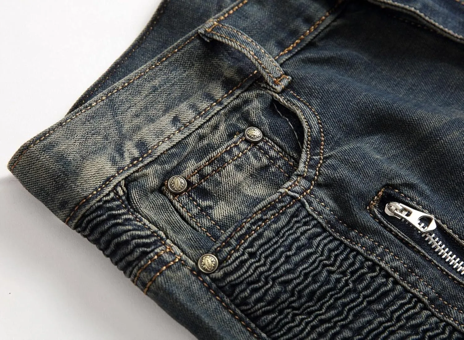 Mens Vintage Biker Jeans Pants Pleated Retro Motorcycle Denim Trousers High Street Zipper Jeans Vintage Blue