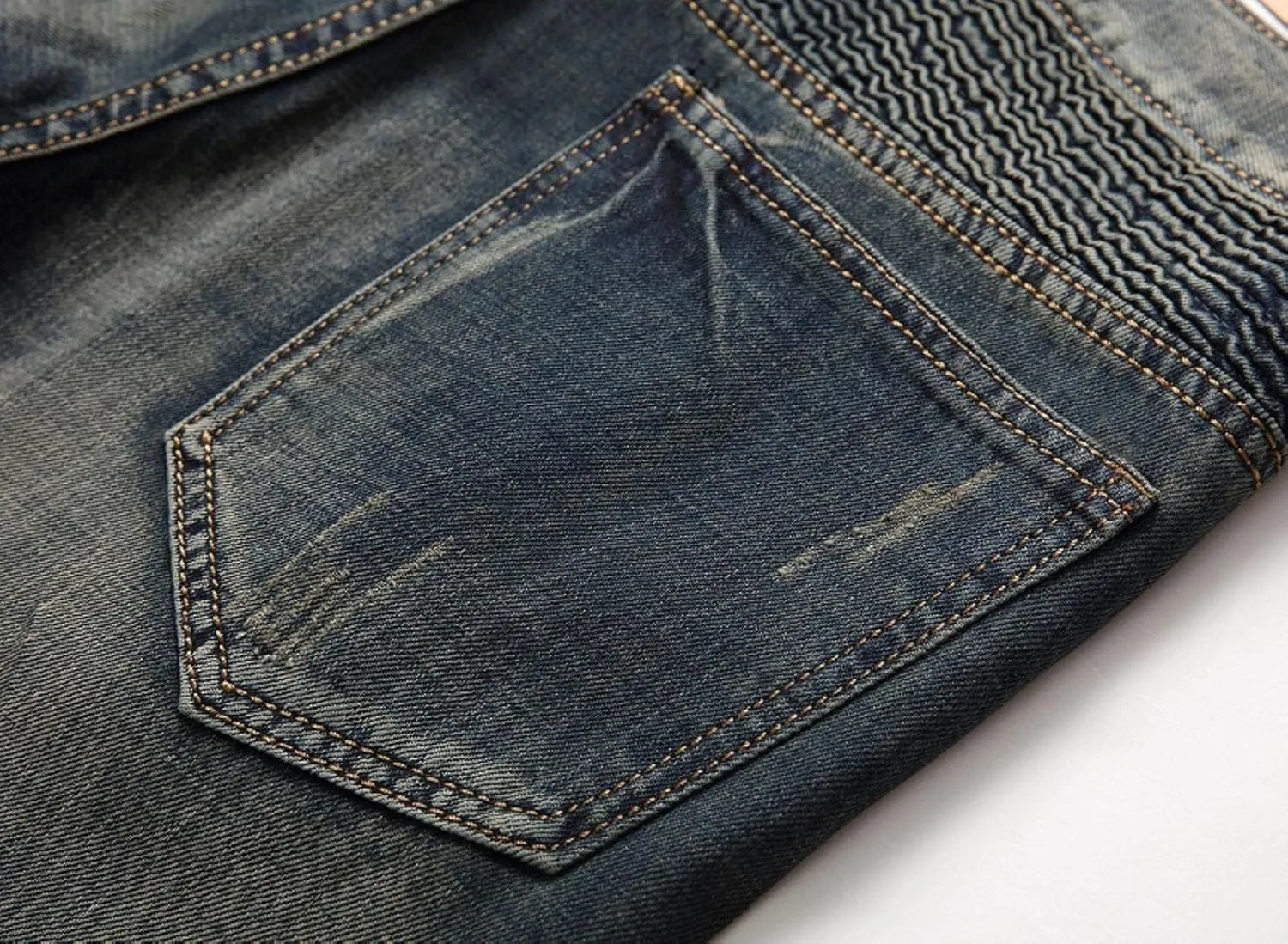 Mens Vintage Biker Jeans Pants Pleated Retro Motorcycle Denim Trousers High Street Zipper Jeans Vintage Blue