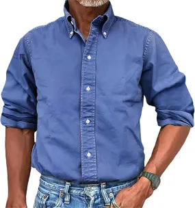 Mens Vintage Washed Long Sleeve Button Down Shirts Classic Lapel Solid Colors for Business or Casual Wear