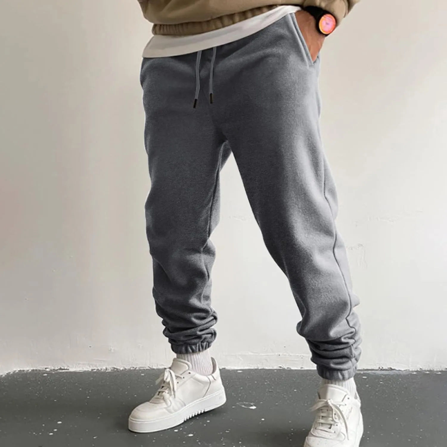 Mens Workout Cargo Sweatpants Joggers with Pockets Men's Solid Fleece Heavyweight Cargo Pants Men's Slim Jogger Pants