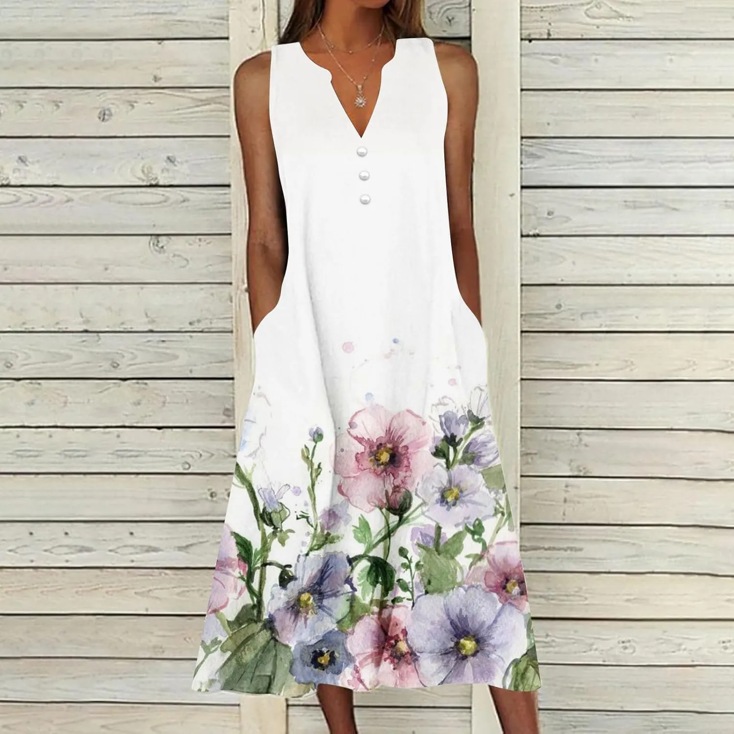 Midi Dresses for Women Flower Graphic Print Sundress Sleeveless A Line Flowy Beach Dresses with Pockets