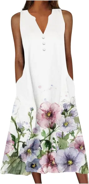 Midi Dresses for Women Flower Graphic Print Sundress Sleeveless A Line Flowy Beach Dresses with Pockets