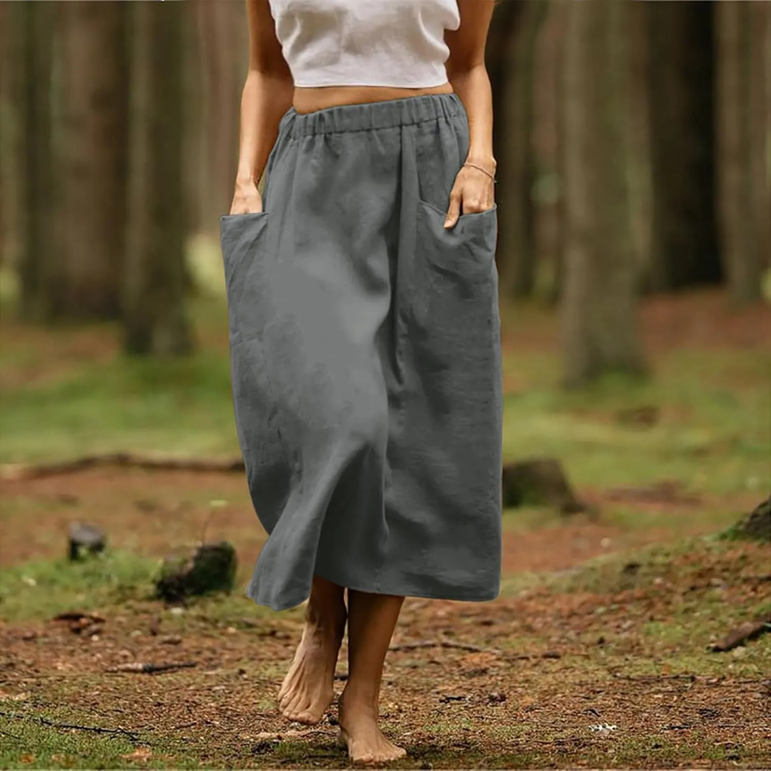 midi Skirts for Women High Elastic Waist Linen Half Skirt Casual Comfy Swing Skirts Plain Spring Skirt with Pocket
