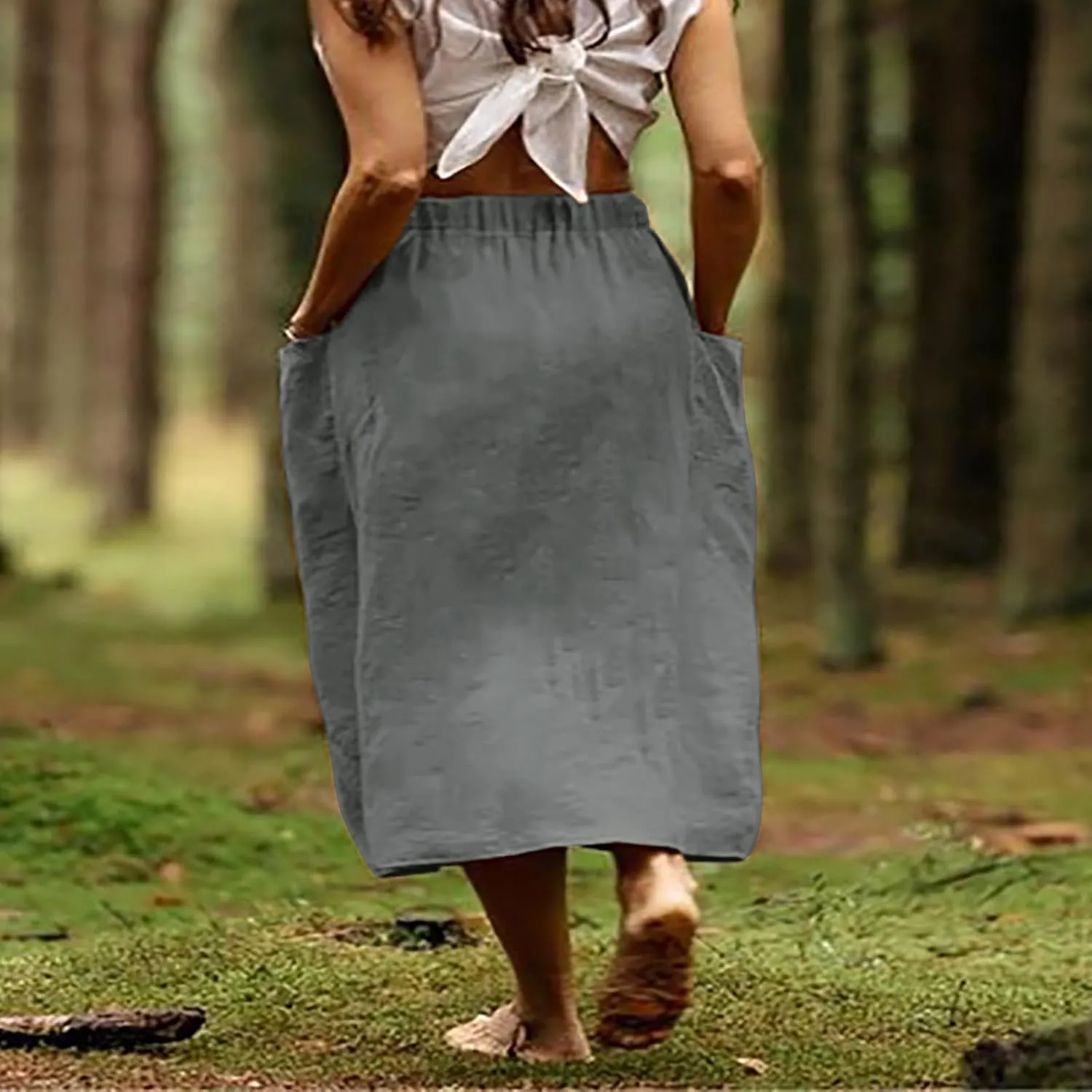 midi Skirts for Women High Elastic Waist Linen Half Skirt Casual Comfy Swing Skirts Plain Spring Skirt with Pocket