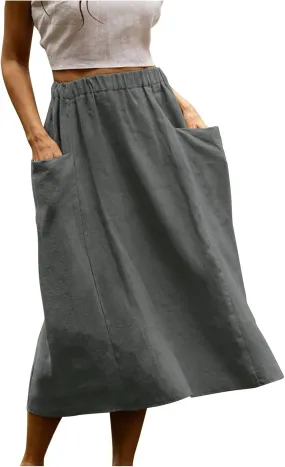 midi Skirts for Women High Elastic Waist Linen Half Skirt Casual Comfy Swing Skirts Plain Spring Skirt with Pocket