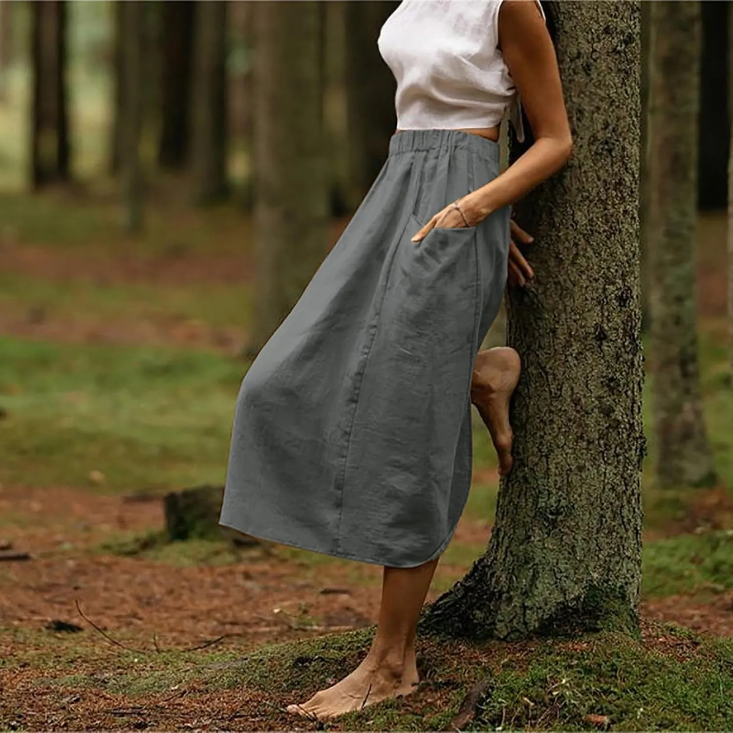 midi Skirts for Women High Elastic Waist Linen Half Skirt Casual Comfy Swing Skirts Plain Spring Skirt with Pocket